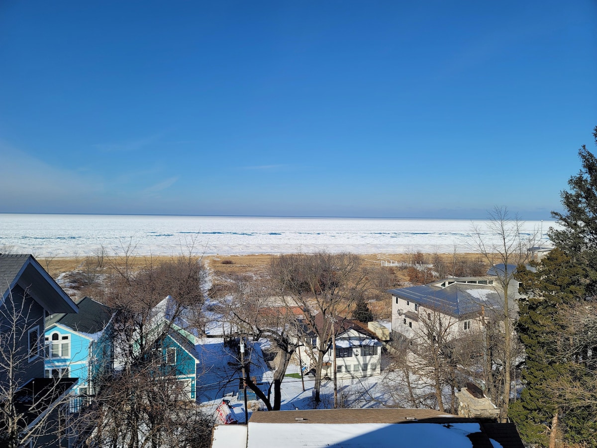 A panoramic view of a frozen Lake Michigan stretches across the horizon under a clear blue sky. Snow-covered rooftops and trees from nearby homes are visible in the foreground, showcasing the serene winter landscape.