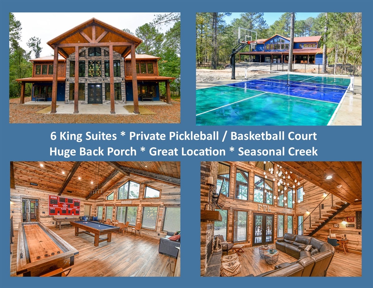 An expansive view of Fox Trot Lodge displays rustic wooden architecture surrounded by trees. A private sports court is visible, featuring a basketball hoop. The spacious back porch with seating is shown, complemented by large windows allowing natural light into the inviting interior gathering areas.