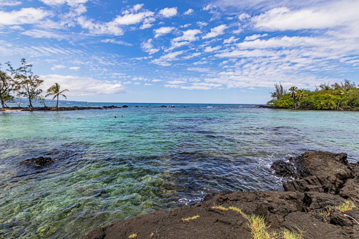 A serene coastal scene displays clear turquoise waters meeting rocky shorelines. Lush greenery and swaying palm trees frame the landscape, while a vibrant blue sky with scattered clouds stretches above, creating a tranquil atmosphere.