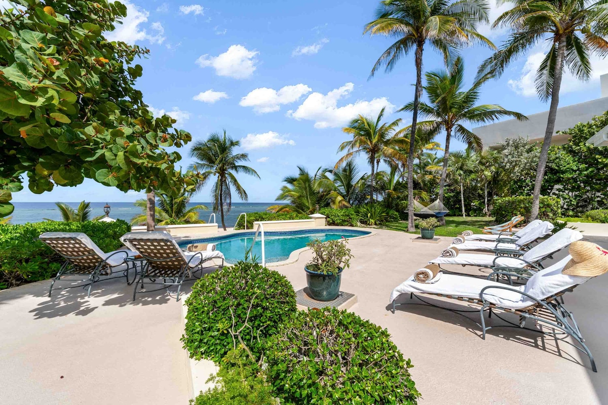 A spacious pool deck features multiple sun beds arranged around a private pool, surrounded by lush tropical greenery and palm trees. The inviting blue ocean is visible in the background under a bright sky dotted with fluffy white clouds.