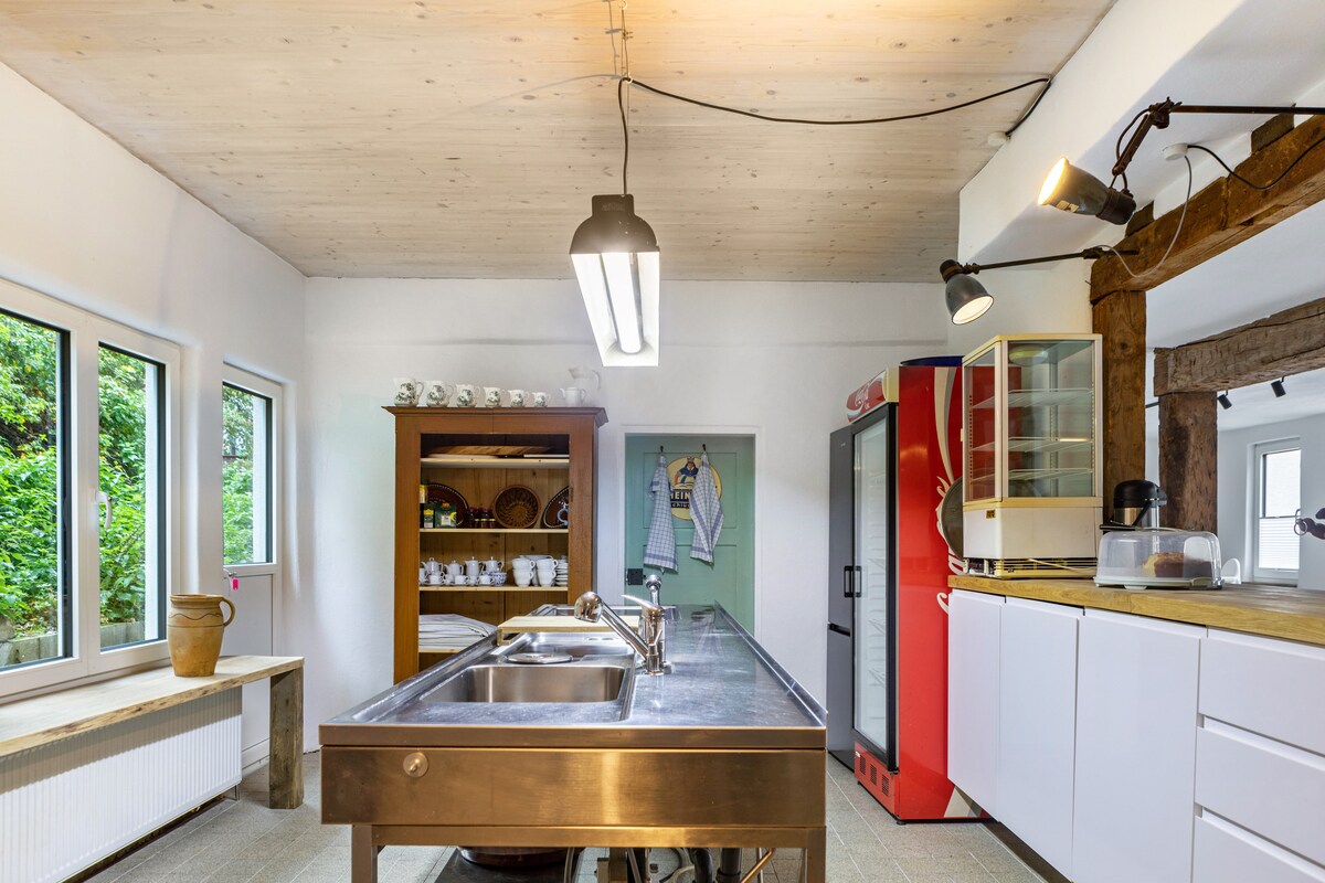 A spacious kitchen is equipped with a large stainless steel sink and counter. Shelves display various dishes and utensils. A red refrigerator and glass-fronted cabinet are visible, along with multiple windows that allow natural light and offer a view of the greenery outside.