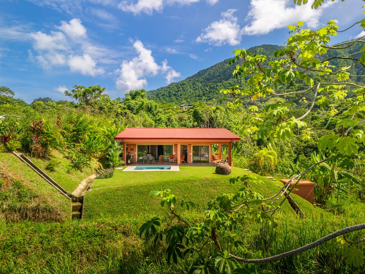 A modern villa with a red metal roof is surrounded by lush greenery and mountains. A spacious yard encompasses a swimming pool, with large glass doors providing an inviting view of the indoor living area. The sky is clear with a few clouds, enhancing the serene atmosphere.