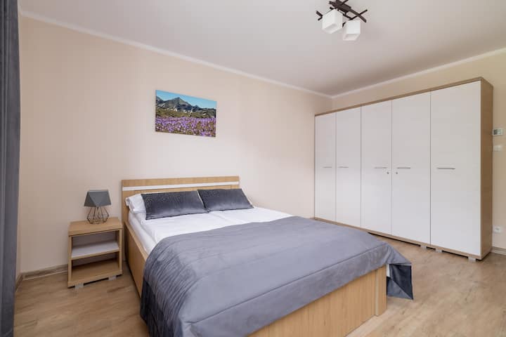 Un dormitorio con una cama tamaño queen, ropa de cama sencilla y un armario de diseño moderno.