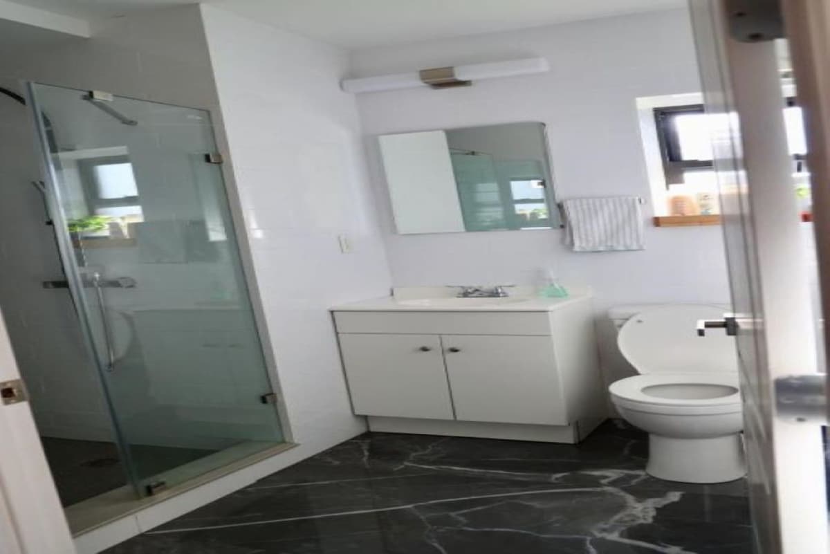 A modern bathroom is visible, featuring a glass-enclosed shower, a white vanity with a sink, and a toilet. Natural light enters through a window, illuminating the space. Dark marble flooring complements the clean, minimalist design.