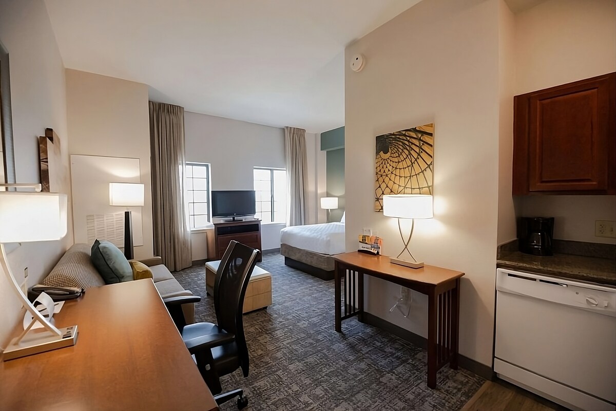 A spacious studio suite is presented with a queen bed and a sofa bed, along with a kitchenette featuring a dishwasher, microwave, and refrigerator. A flat-screen TV is visible, and a desk with a chair is positioned near the window, which is flanked by light curtains.