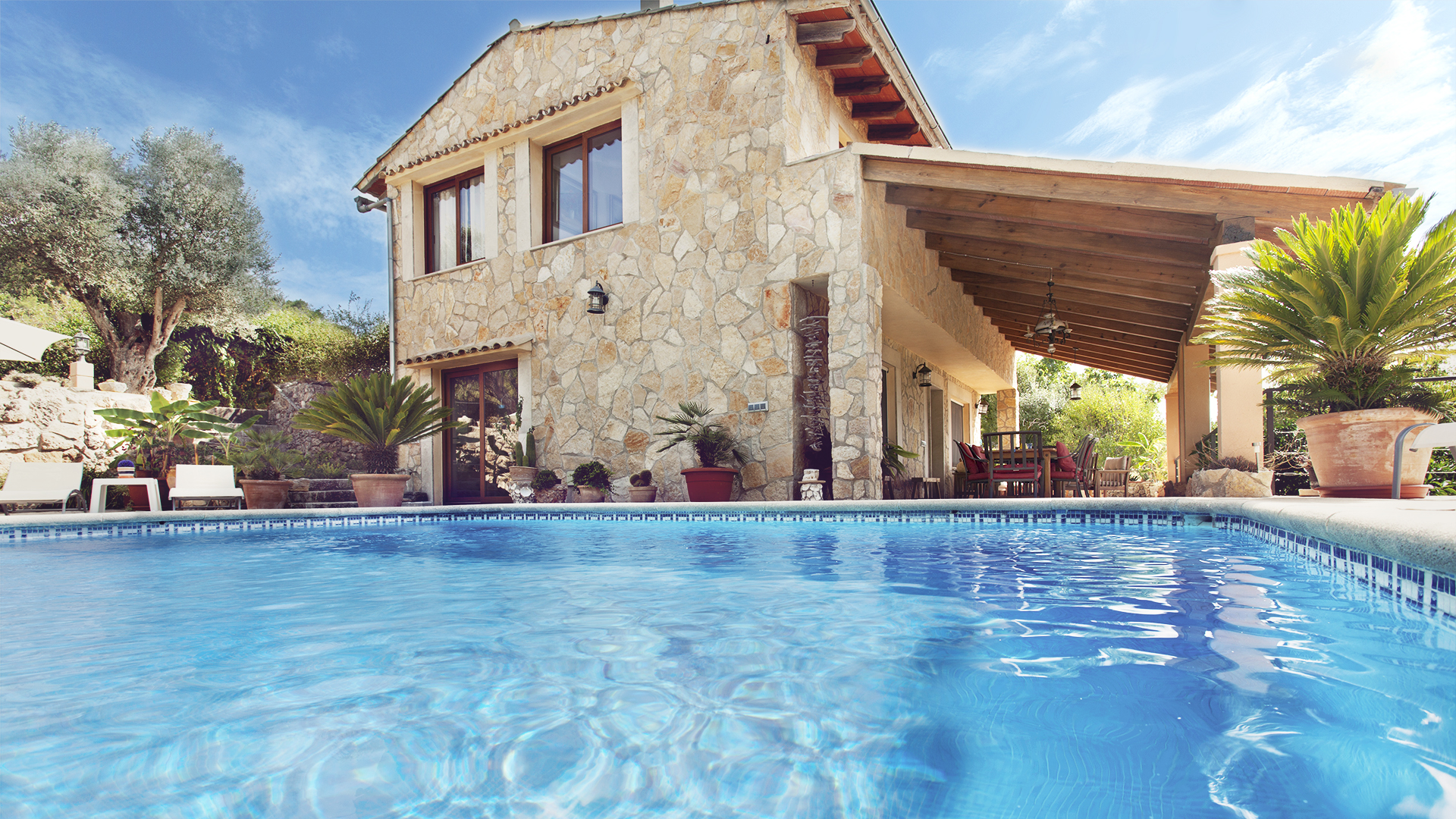 Stone house in mountains, swimming