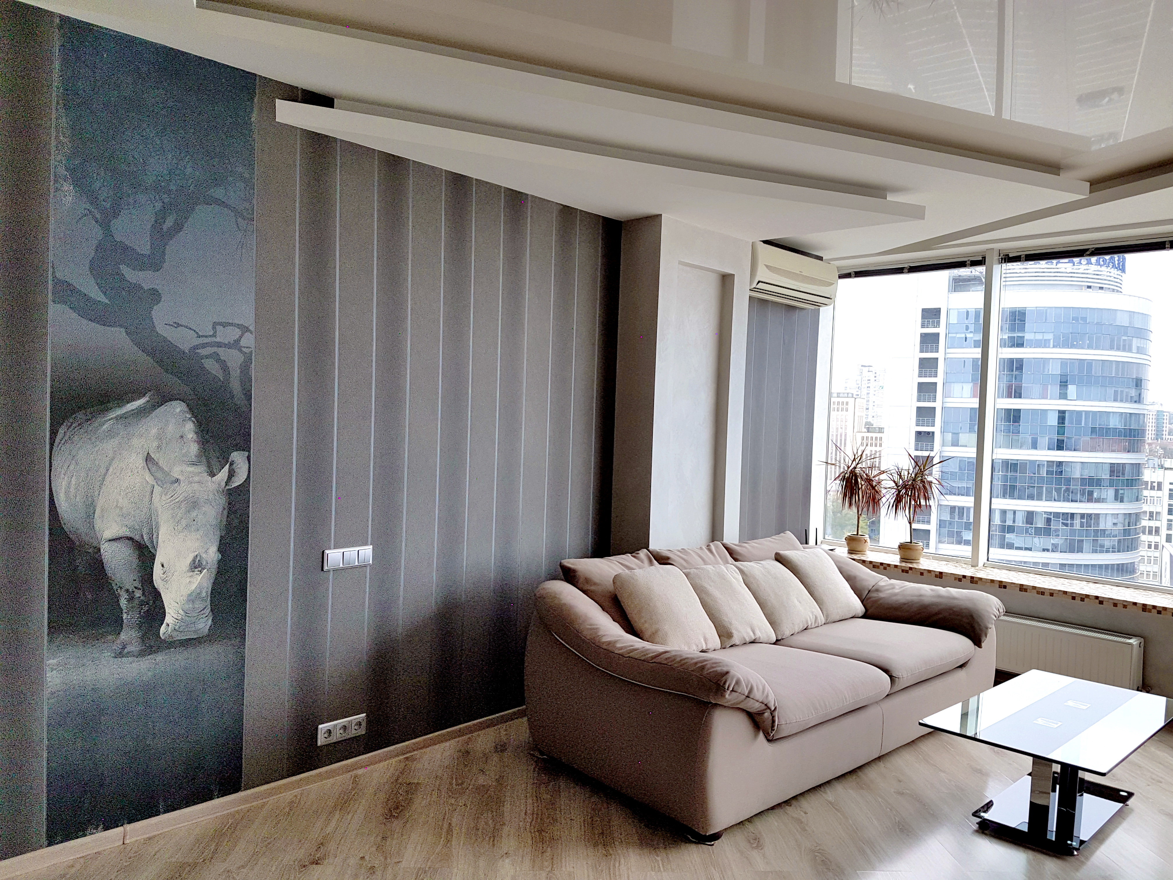 Rhino in modern house Most City, high-tech style.