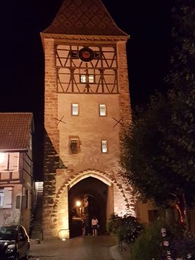 The stork bell tower in the village of Bergheim