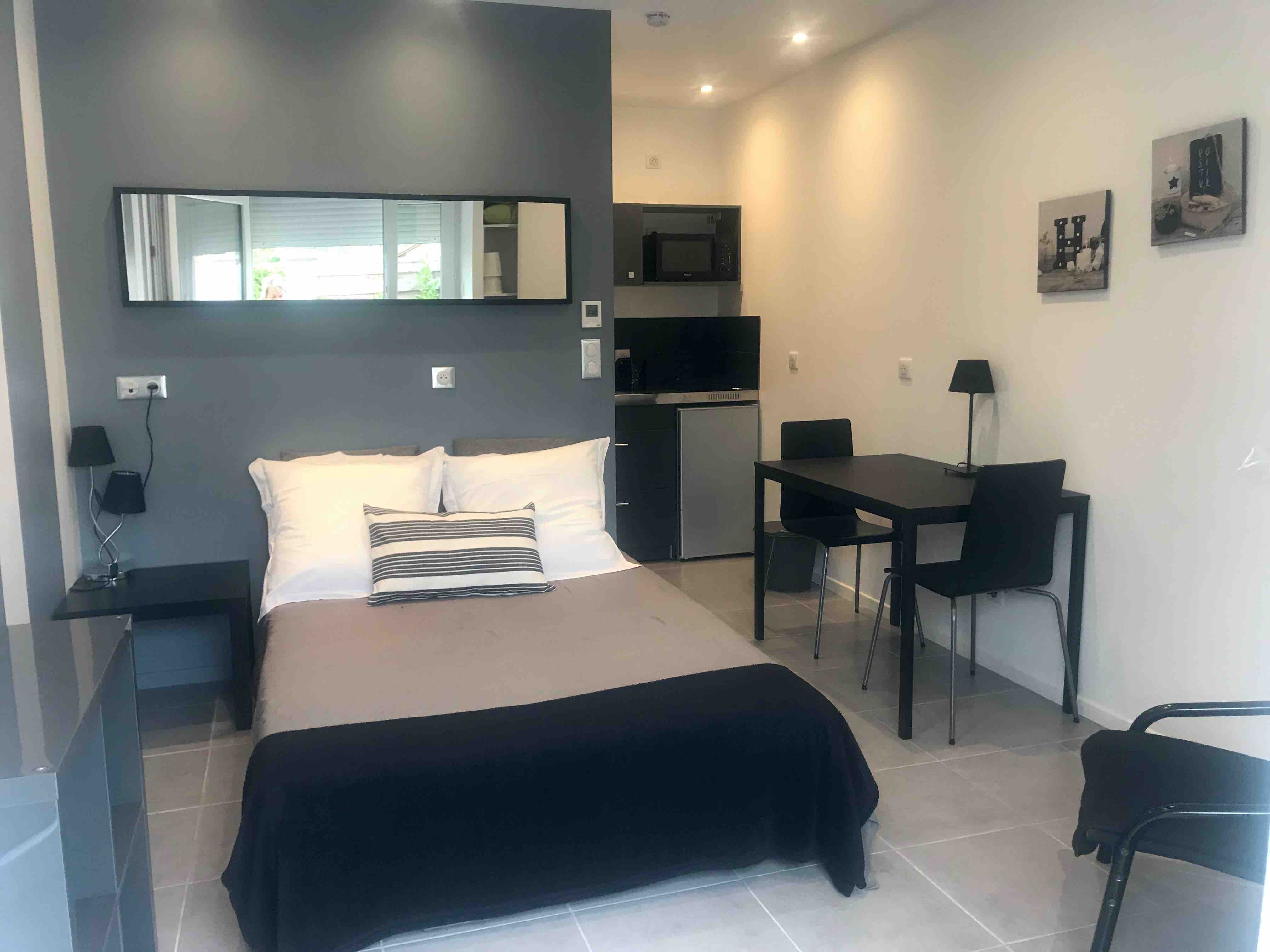 Bedroom, kitchenette, cozy shower room in Ecully