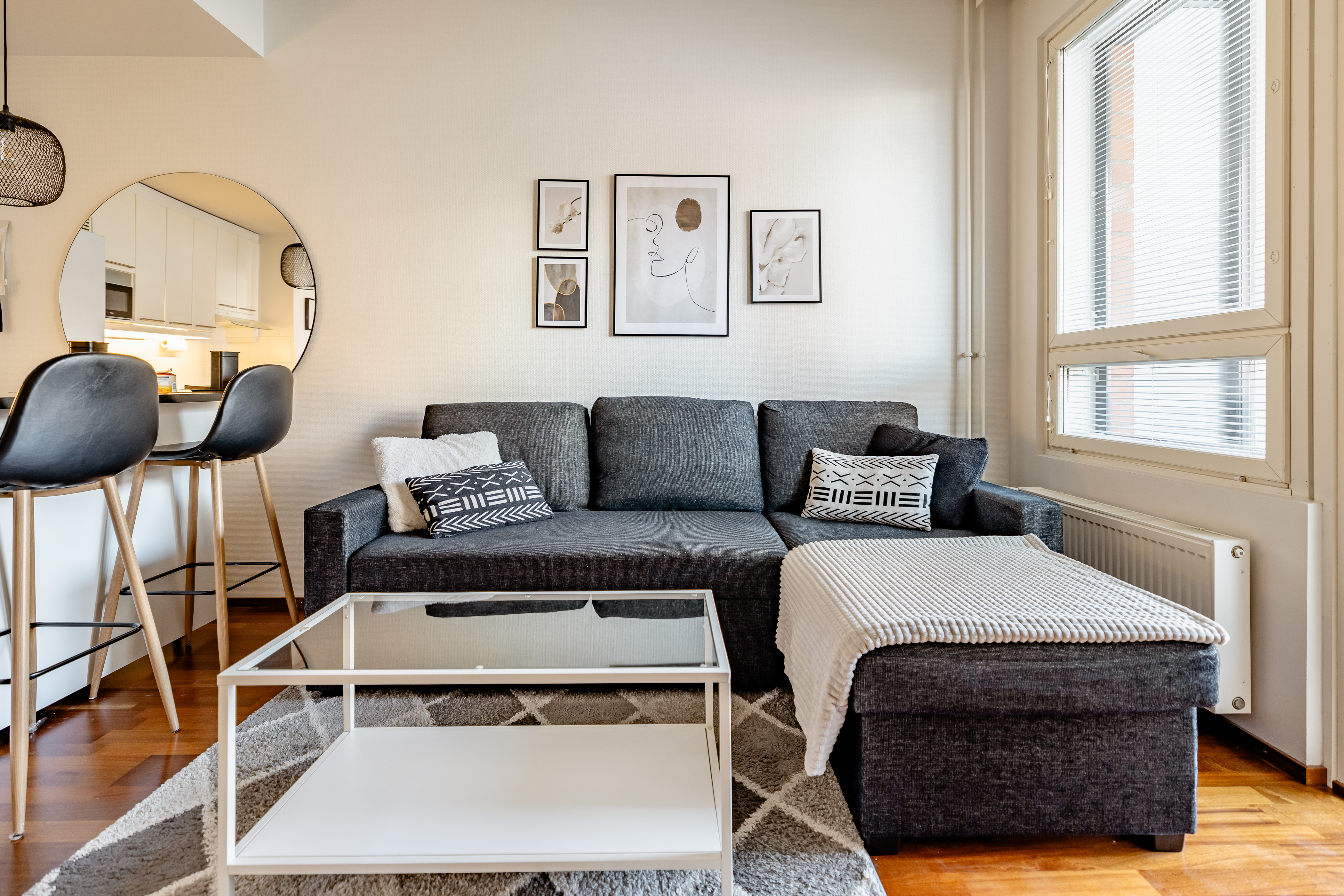 A one-bedroom apartment with a sauna near downtown and stations