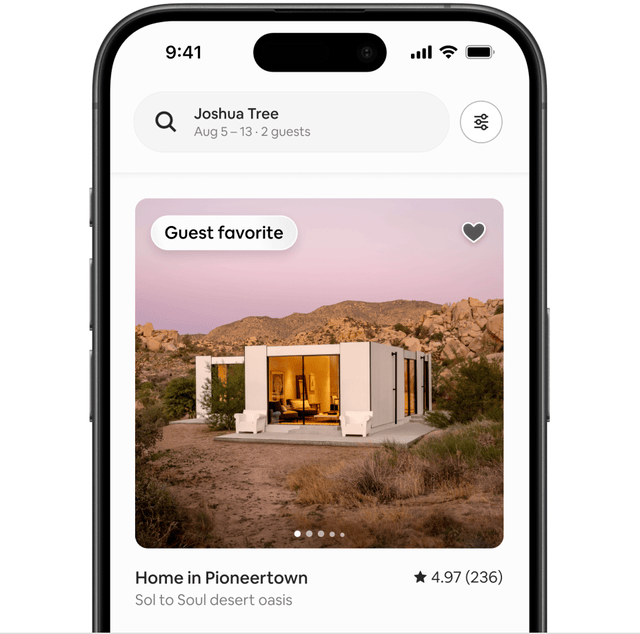 A phone shows a listing of a desert mountain home. The filters menu pops up and the pool amenity is selected. Another home appears with a cool blue pool.