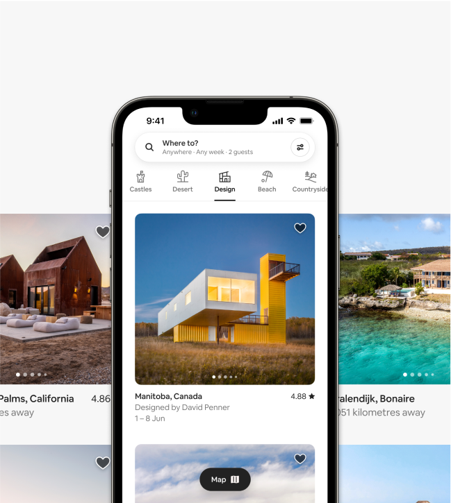 An image of a smartphone shows the all-new Airbnb design, which is built around Airbnb Categories.