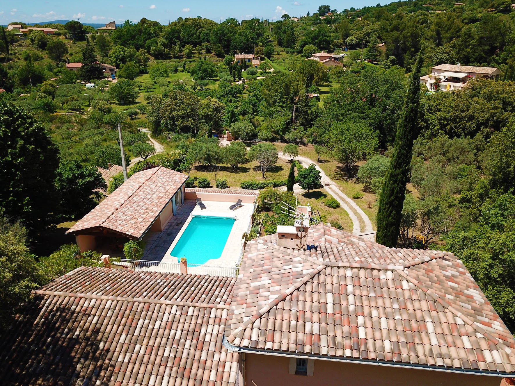 Villa & pool in greenery and village on foot