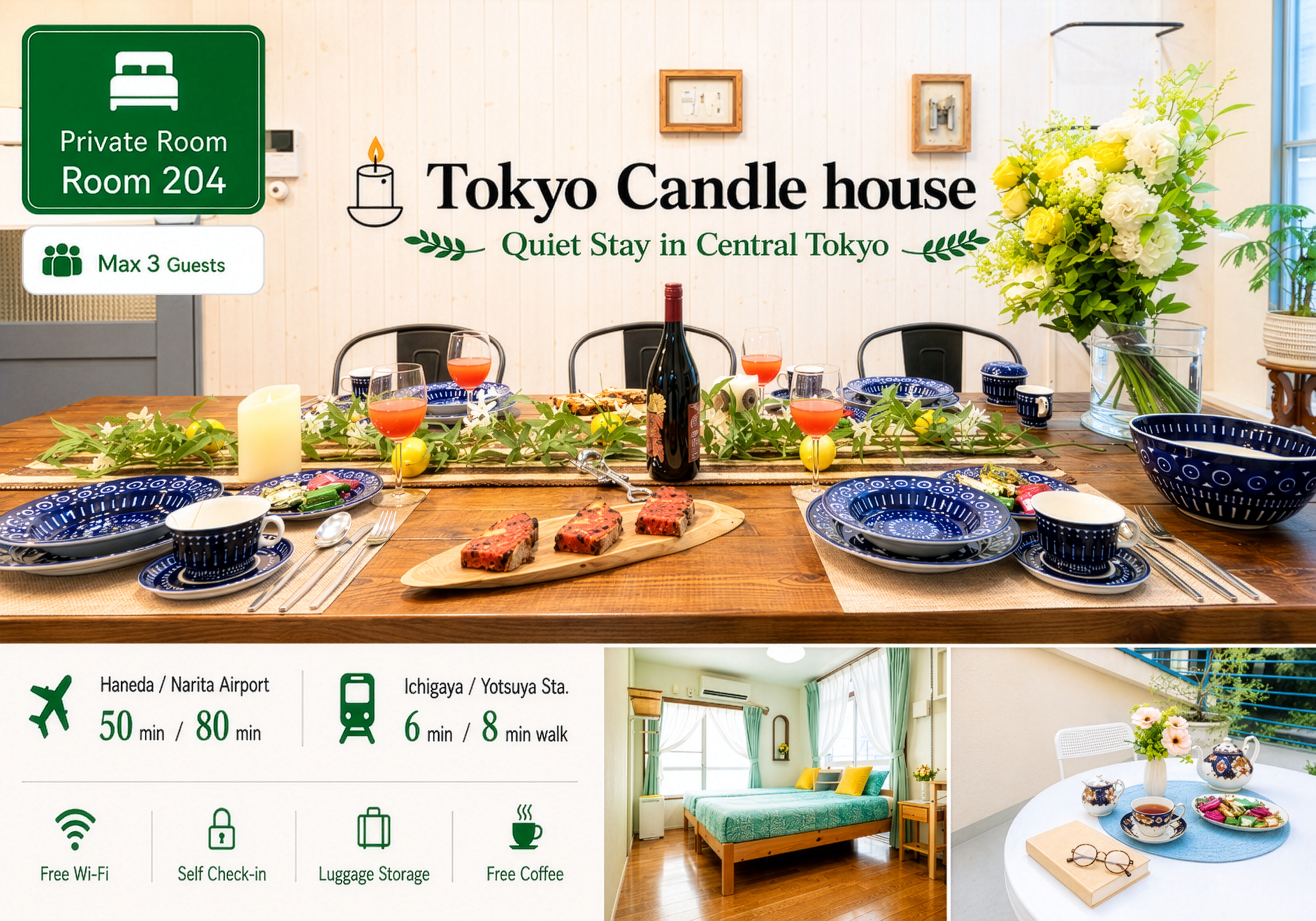 【Room 204】Sunny & Cozy in Central Tokyo/1-3 Guests