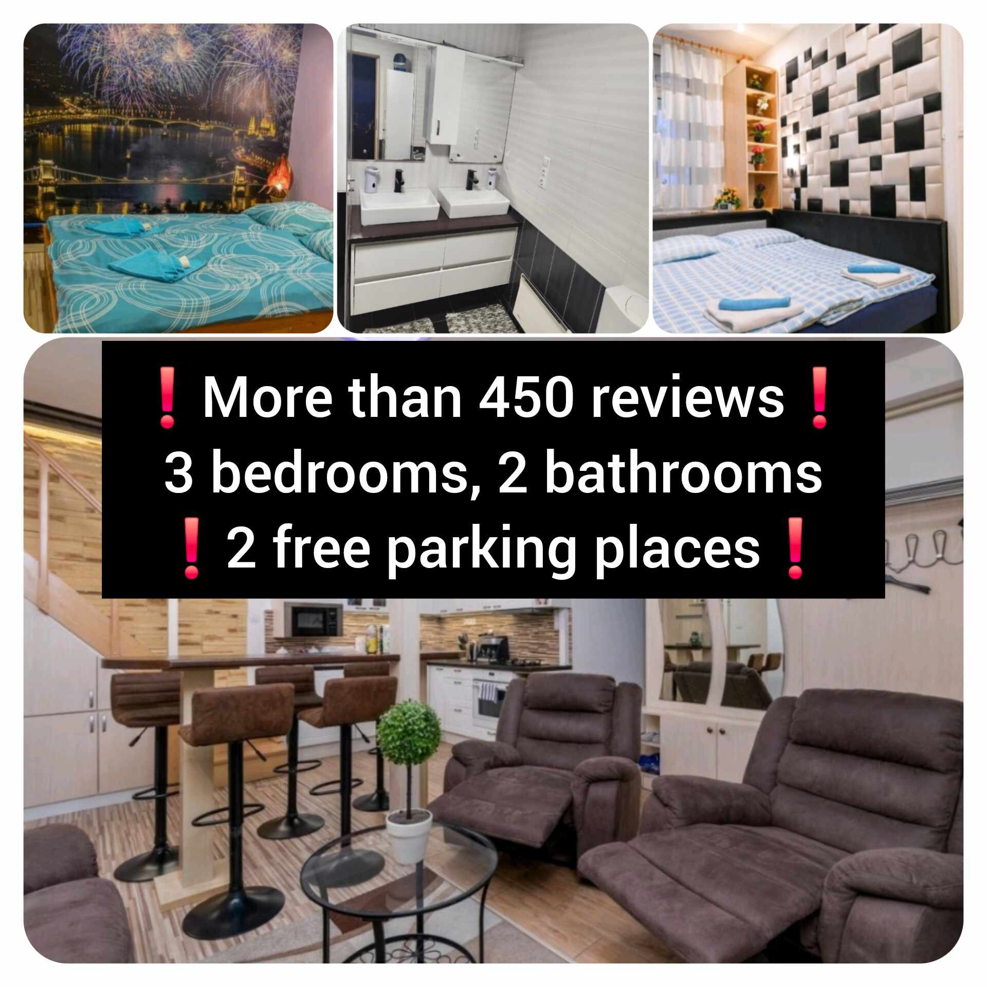 Family♥2 FREE PARKING PLACES✔Dryer✔AC✔3 BR✔2 BATH✔