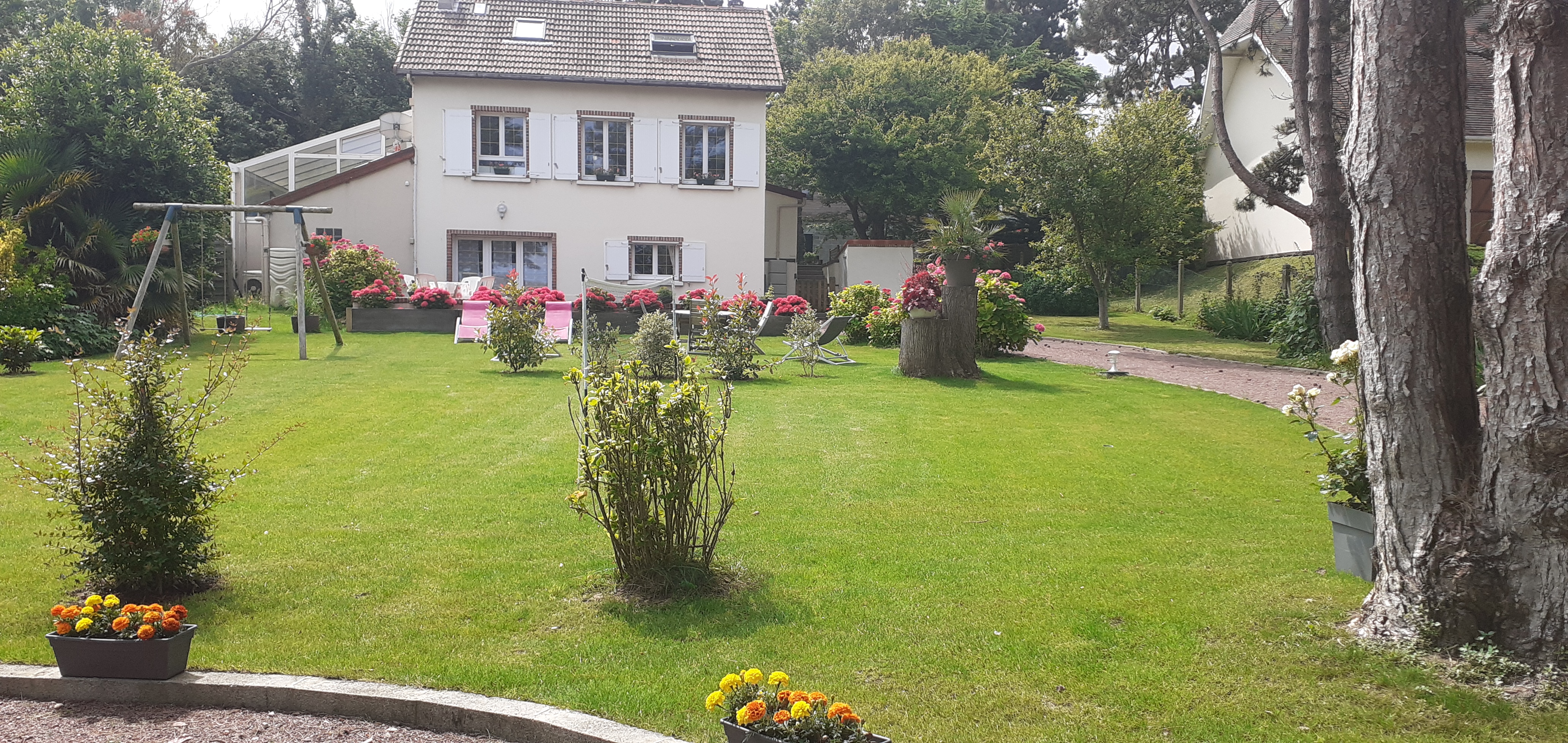 hydrangeas, single-story cottage with pool